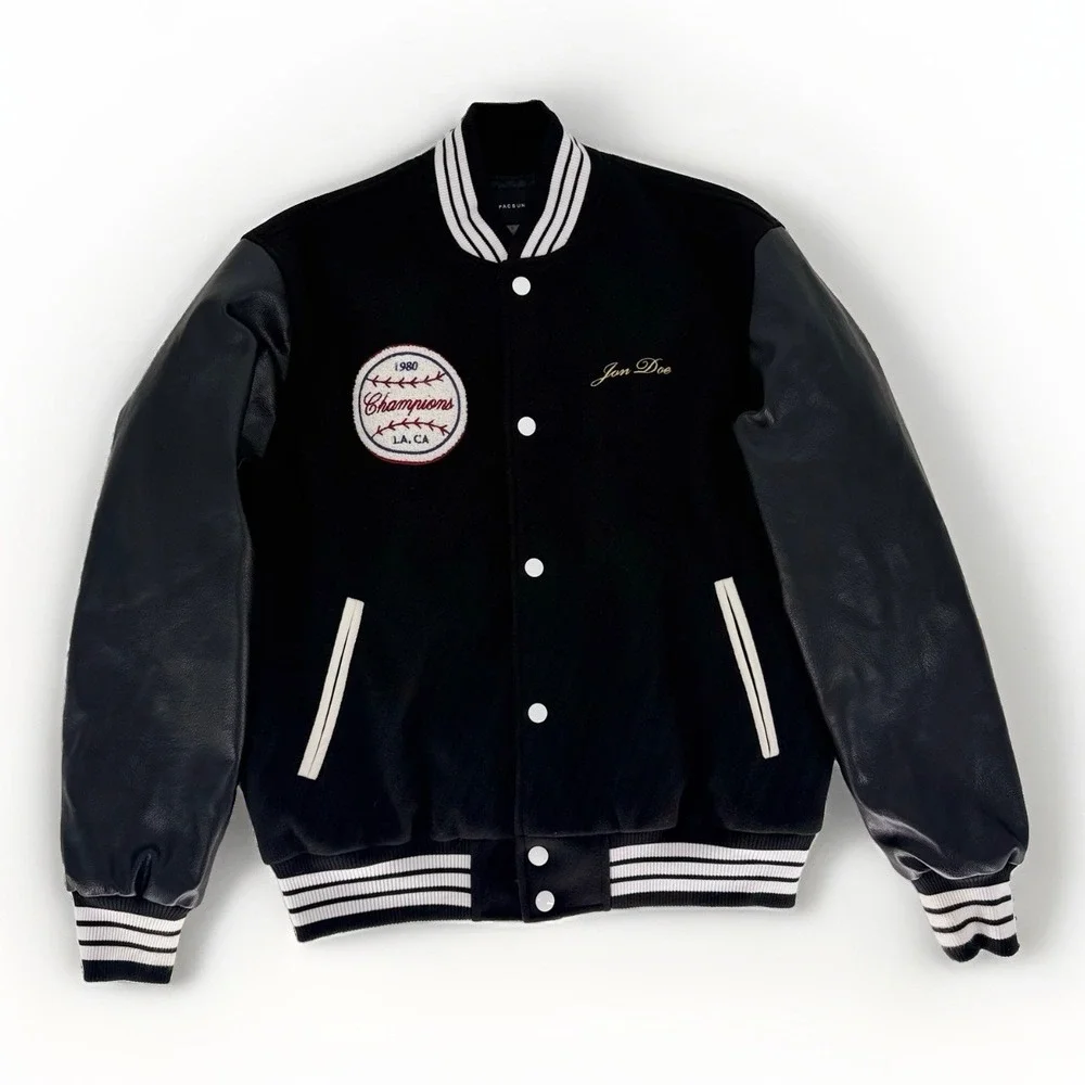 PacSun Varsity Jacket Small Black Faux Leather Cherry 8 Ball Bomber Coat S